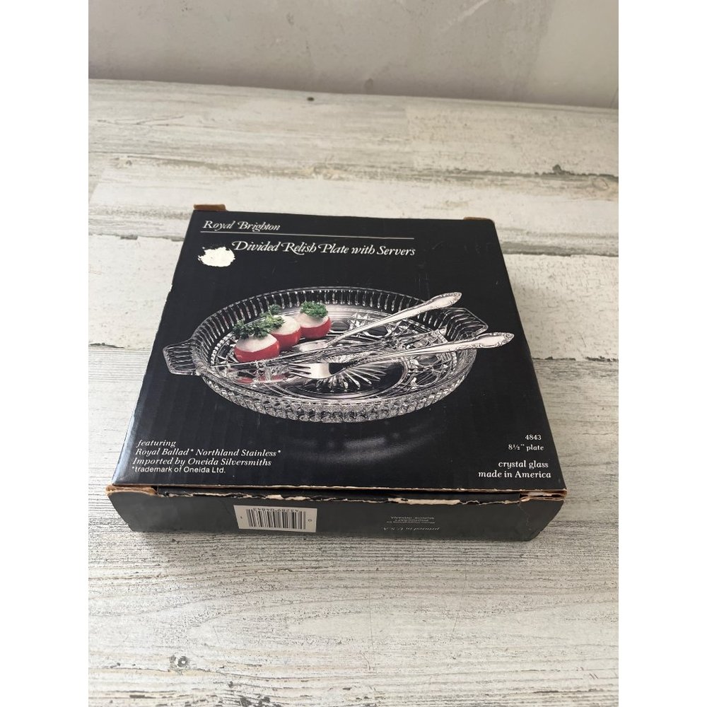 Royal Brighton crystal glass divided relish plate with stainless steel servers